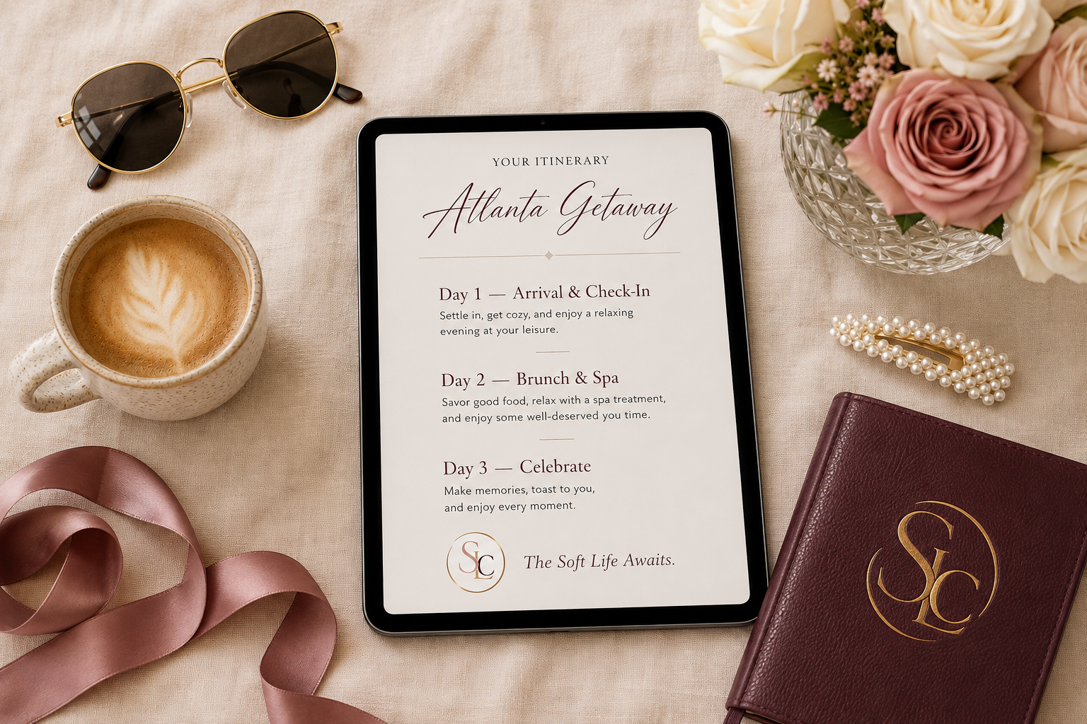 A beautifully designed travel itinerary on a tablet surrounded by coffee, flowers, and elegant accessories