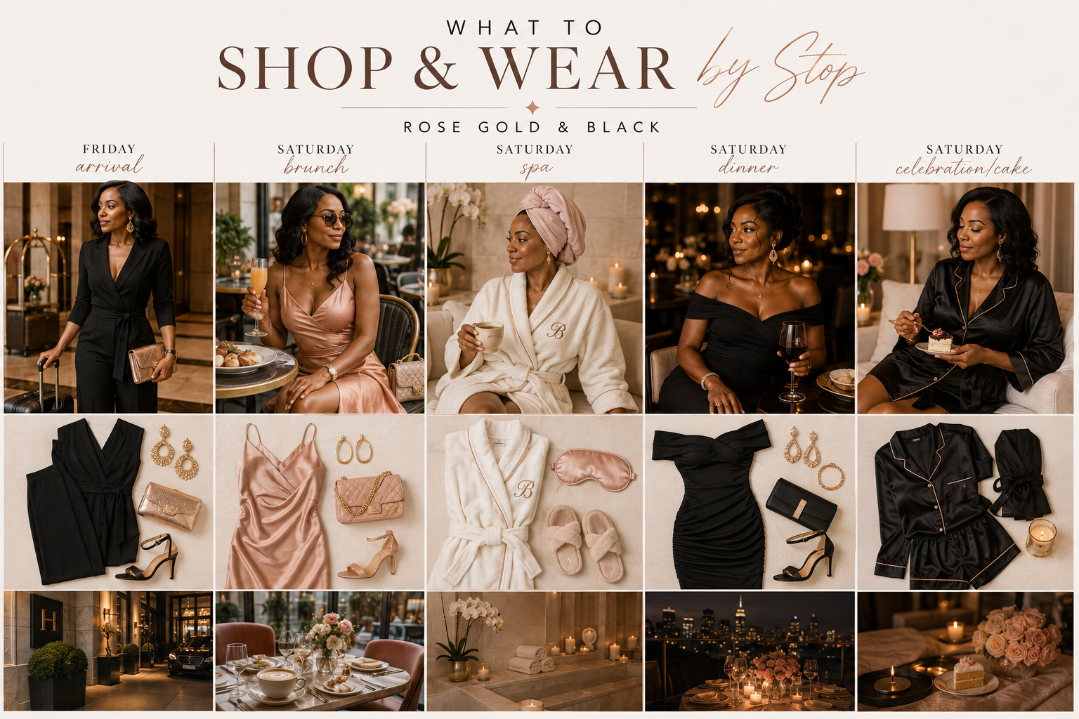A styled grid of rose gold and black outfits, accessories, and venue photos for each stop of the Atlanta birthday weekend